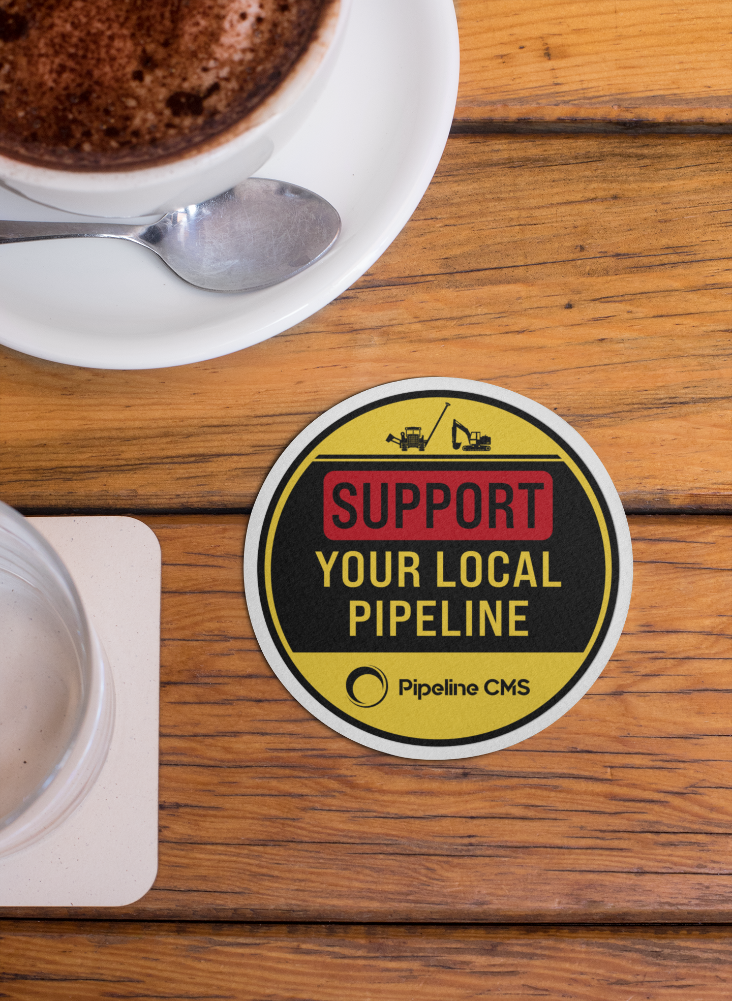 "Support Your Local Pipeline™" Cork Drink Coaster by PipelineCMS 4"x4" Round (4 Pack)